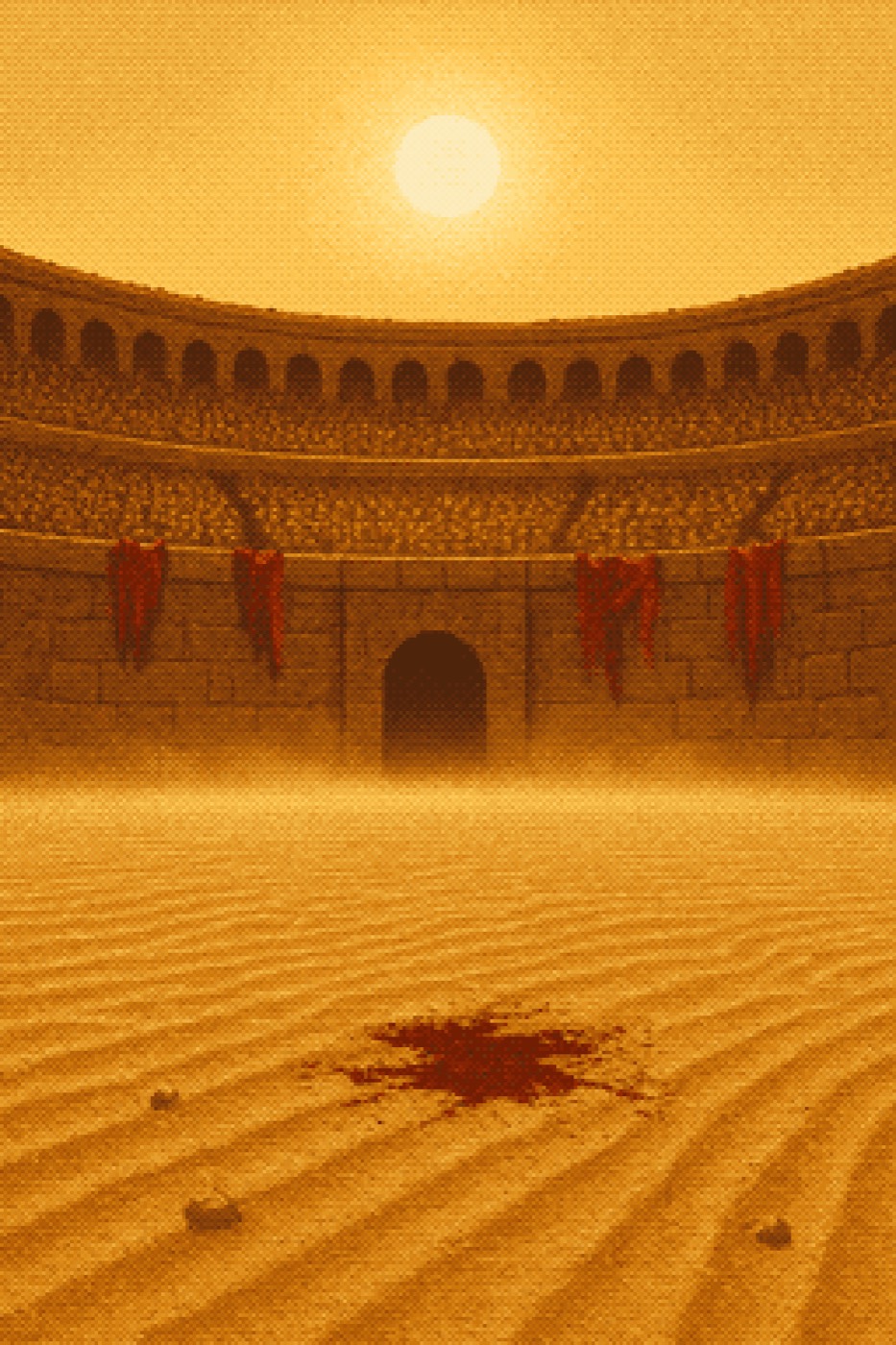 The arena at Blood in the Sand, sun overhead and blood on the sand